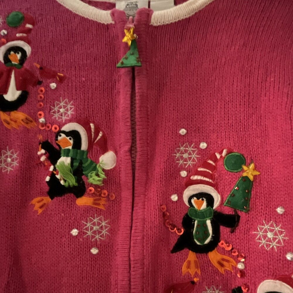 Tiara Girls Pink/White Knit Cardigan Sweater Full Zip Penguin Christmas S (7)